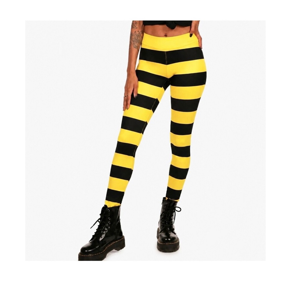 Tipsy Elves Women's XS High Waisted Bee Leggings Yellow Black Striped